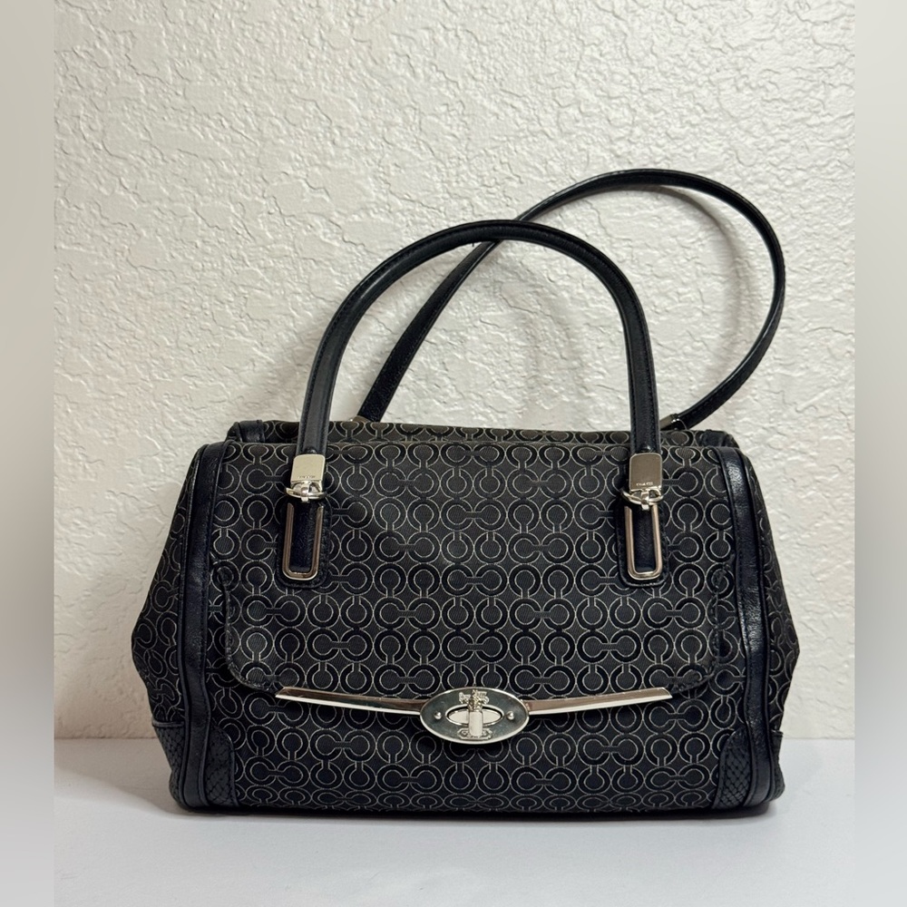 Coach Madeline Needlepoint Op Art Satchel Black Canvas w/Leather Trim READ DESC.